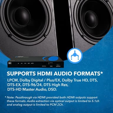 NÖRDIC 8K HDMI 2.1 -kytkin ja Extractor 2–1 8K60Hz 4K120Hz CEC HDR Dolby Atmos, True HD, Digital Plus, DTS-HD Master