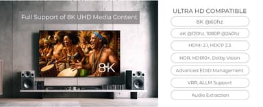 NÖRDIC 8K HDMI 2.1 -kytkin ja Extractor 2–1 8K60Hz 4K120Hz CEC HDR Dolby Atmos, True HD, Digital Plus, DTS-HD Master