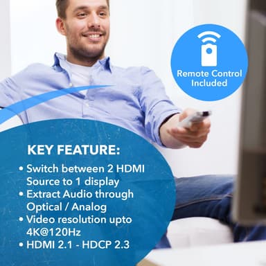 NÖRDIC 8K HDMI 2.1 -kytkin ja Extractor 2–1 8K60Hz 4K120Hz CEC HDR Dolby Atmos, True HD, Digital Plus, DTS-HD Master