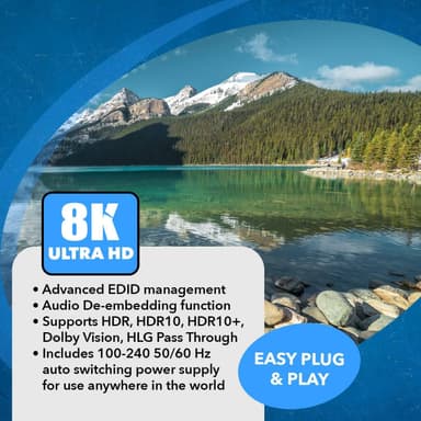 NÖRDIC 8K HDMI 2.1 -kytkin ja Extractor 2–1 8K60Hz 4K120Hz CEC HDR Dolby Atmos, True HD, Digital Plus, DTS-HD Master