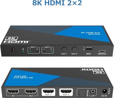 NÖRDIC 8K HDMI 2.1 Matriisikytkin 2x2 äänen-extractor Toslink & Stereo EDID CEC, Dolby Atmos, Digital Plus, DTS-EX