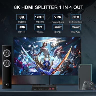 NÖRDIC 1-4 HDMI 2.1 -jakaja 8K 60Hz 4K120Hz VRR Free-/G-Sync CEC, S/PDIF Extractor