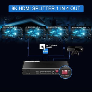 NÖRDIC 1-4 HDMI 2.1 -jakaja 8K 60Hz 4K120Hz VRR Free-/G-Sync CEC, S/PDIF Extractor