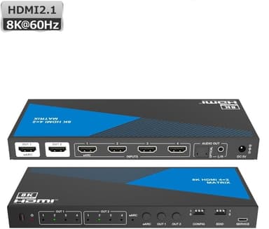 NÖRDIC 8K HDMI 2.1 eARC/ARC-matriisikytkin 4x2, jossa Extractor Toslink & Stereo, HDMI CEC, Dolby Atmos/Digital Plus, DTS Master