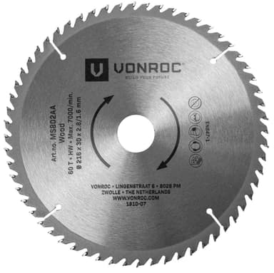 VONROC Sägeblatt für Kapp- und Tischsägen - 216 mm - 60 Zähne – für Holz – Universal
