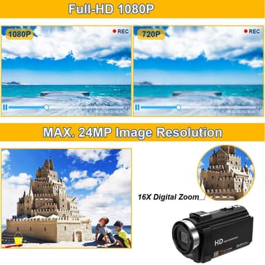 Videokamera 1080P / 24MP / 16x zoom ja käännettävä LCD-näyttö