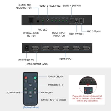 5 In 1 Out 4K/60HZ HD kytkin Musta