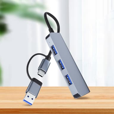 Dual C-tyypin USB A -keskitin, jossa 1 USB3.0-portti ja 3 USB2.0-porttia