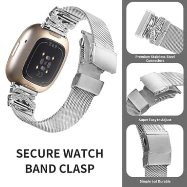 Ruostumattomasta teräksestä valmistettu kellohihna Fitbit Versa3/4/Sense 2:lle Hopea