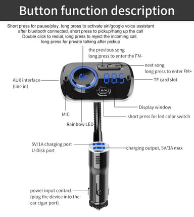 Langaton FM-lähetin autoon LED 7 väriä QC3.0 pikalaturi