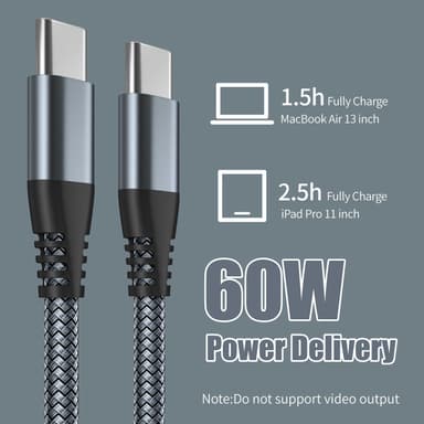 USB-C-latauskaapeli 60 W pikalataus, yhteensopiva iPhone 15/Plus/Pro Max, Samsung Galaxy S24/S23/S22, Pixel 7 Pro kanssa Harmaa 1 m