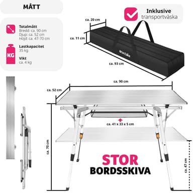 Retkeilypöytä Tina | Taitettava ja korkeussäädettävä - hopea
