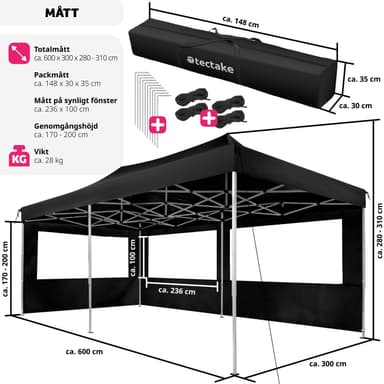 Kokoontaitettava huvimaja 3x6 m, 2 sivua - Viola - musta