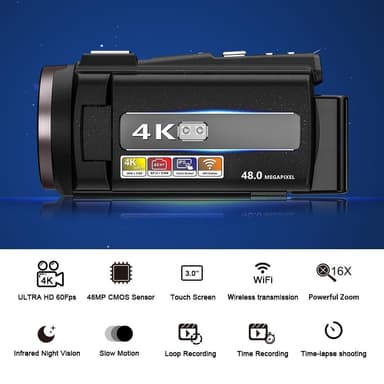 Videokamera 4K/48MP/16x Zoom/IR-pimeänäkö/kaukosäädin/32GB kortti