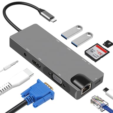 9-in-1 USB-C-keskitin, jossa USB 3.0, HDMI, RJ45, SD/TF-kortinlukija, 100 W PD, VGA