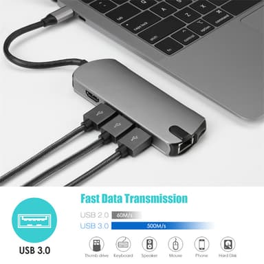 8-in-1 USB-C-keskitin, jossa USB 3.0, HDMI, RJ45, SD/TF-korttipaikka, 100 W PD-lataus