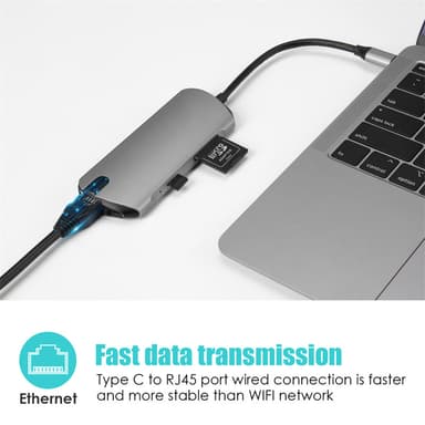 8-in-1 USB-C-keskitin, jossa USB 3.0, HDMI, RJ45, SD/TF-korttipaikka, 100 W PD-lataus