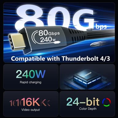 NÖRDIC 50cm Thunderbolt 5 kaapeli 80Gbps tietojen siirto 240W lataus 120Gbps kaistanleveys 16K60Hz 8K60Hz 4K540Hz