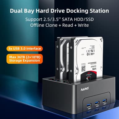 Maiwo K3082H USB 3.1 GEN1 5 Gb/s telakointiasema 2 kpl 2,5–3,5 SATA HDD, SSD 14 Tt saakka, tuki UASP 3x USB3.1 -keskittimelle