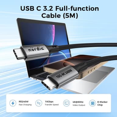 NÖRDIC 5m USB 3.2 Gen 2 USB-C - C nylon punottu kaapeli PD3.1 240W 20G 4K60Hz harmaa