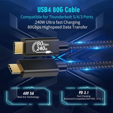 NÖRDIC 50cm Thunderbolt 5 kaapeli 80Gbps tietojen siirto 240W lataus 120Gbps kaistanleveys 16K60Hz 8K60Hz 4K540Hz