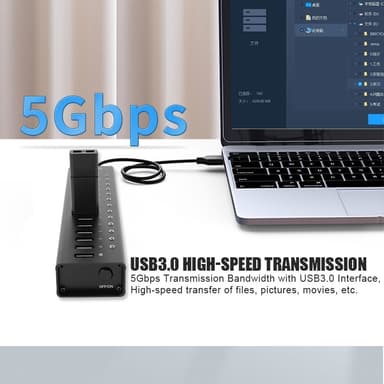 NÖRDIC-virralla toimiva 14-porttinen USB 3.0 HUB 5Gbps 1,2mm kaapeli alumiinimusta virtalähteellä