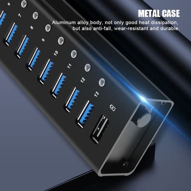 NÖRDIC-virralla toimiva 14-porttinen USB 3.0 HUB 5Gbps 1,2mm kaapeli alumiinimusta virtalähteellä