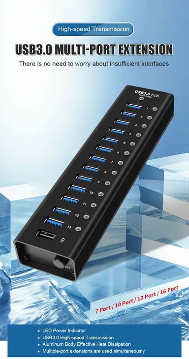 NÖRDIC-virralla toimiva 14-porttinen USB 3.0 HUB 5Gbps 1,2mm kaapeli alumiinimusta virtalähteellä