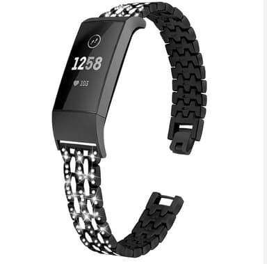 Fitbit Charge 3/4 metallinen rannekoru strassilla Musta/Crystal