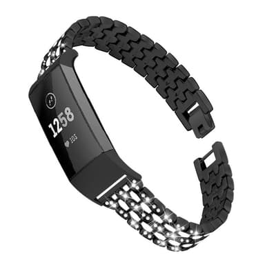 Fitbit Charge 3/4 metallinen rannekoru strassilla Musta/Crystal