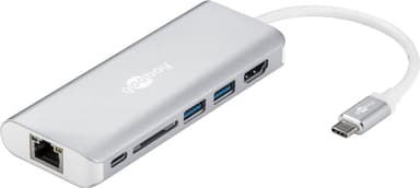 USB-C™-moniporttisovitin HDMI 4k 30 Hz, USB, CR, RJ45, PD, alumiini, hopea