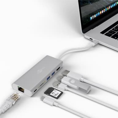 USB-C™-moniporttisovitin HDMI 4k 30 Hz, USB, CR, RJ45, PD, alumiini, hopea