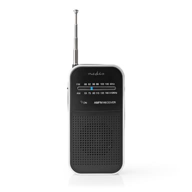 Nedis FM-radio | Kannettava malli | AM / FM | Paristokäyttöinen | Analoginen | 1.5 W | Mustavalkoinen näyttö | Kuulokkeiden lähtöliitäntä | IP20 | Alumiini / Musta