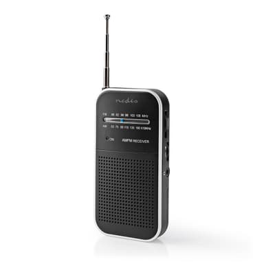 Nedis FM-radio | Kannettava malli | AM / FM | Paristokäyttöinen | Analoginen | 1.5 W | Mustavalkoinen näyttö | Kuulokkeiden lähtöliitäntä | IP20 | Alumiini / Musta