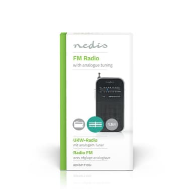 Nedis FM-radio | Kannettava malli | AM / FM | Paristokäyttöinen | Analoginen | 1.5 W | Mustavalkoinen näyttö | Kuulokkeiden lähtöliitäntä | IP20 | Alumiini / Musta