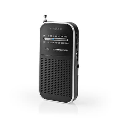 Nedis FM-radio | Kannettava malli | AM / FM | Paristokäyttöinen | Analoginen | 1.5 W | Mustavalkoinen näyttö | Kuulokkeiden lähtöliitäntä | IP20 | Alumiini / Musta