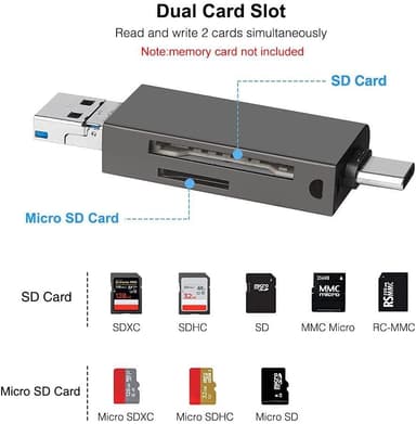 NÖRDIC OTG -kortinlukija 3 in 1 USB-C + Lightning + USB-A 3.0 -tuki SD / TF Micro SD -kortille Jopa 2TB 5Gbps