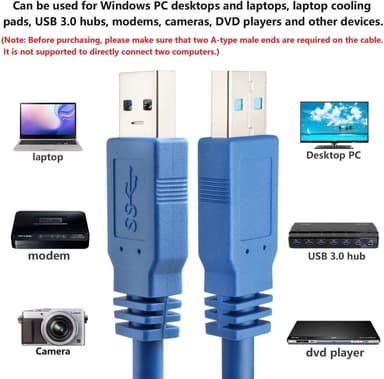 NÖRDIC USB3.1-kaapeli tyyppi A uros–tyyppi A uros, 5 Gb/s, 3 m, USB3.0
