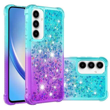 SKALO Samsung A55 5G Juoksuhiekka Glitter Sydämet TPU kuori - Turkoosi-Violetti