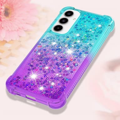SKALO Samsung A55 5G Juoksuhiekka Glitter Sydämet TPU kuori - Turkoosi-Violetti