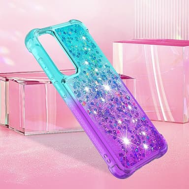SKALO Samsung A55 5G Juoksuhiekka Glitter Sydämet TPU kuori - Turkoosi-Violetti