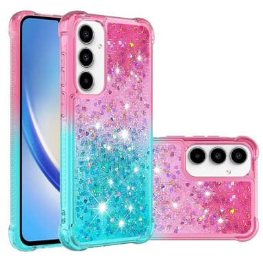 SKALO Samsung A55 5G Juoksuhiekka Glitter Sydämet TPU kuori - Pinkki-Turkoosi
