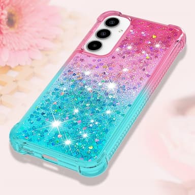 SKALO Samsung A55 5G Juoksuhiekka Glitter Sydämet TPU kuori - Pinkki-Turkoosi