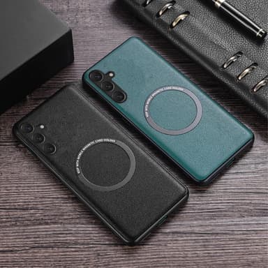 SKALO Samsung A55 5G PU Nahka Hybrid Magnetic Ring Suojakuori - Musta