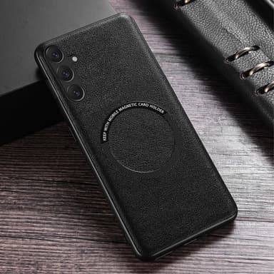 SKALO Samsung A55 5G PU Nahka Hybrid Magnetic Ring Suojakuori - Musta