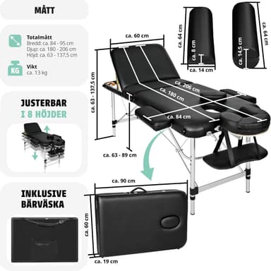 Hierontapöytä 3-tasoinen selkänojalla ja pehmusteilla varustettuna - musta