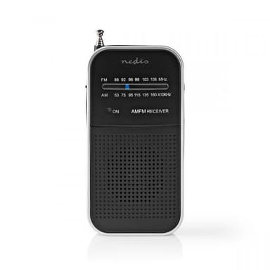 Nedis FM-radio | Kannettava malli | AM / FM | Paristokäyttöinen | Analoginen | 1.5 W | Mustavalkoinen näyttö | Kuulokkeiden lähtöliitäntä | IP20 | Alumiini / Musta