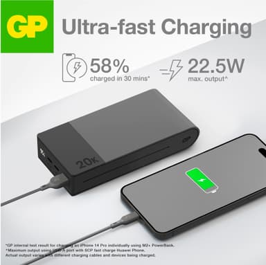 GP M2+ 20,000 mAh varavirtalähde (harmaa)