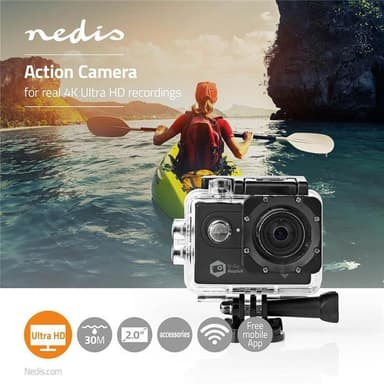 Nedis Action-kamera | Yksi Näyttö | 4K@60fps | 16 MPixel | Vedenpitävyys enintään (m): 30.0 m | 90 min | Wi-Fi | Sovellus saatavana kohteeseen: Android™ / IOS | Kiinnikkeitä mukana | Musta