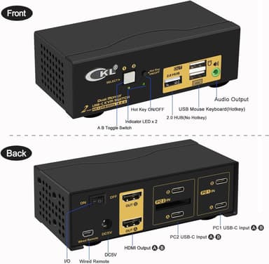 NÖRDIC KVM -kytkin 2–2 USB-C–HDMI 4K 60 Hz, 3 x USB-A, 2 x 3,5 mm AUX